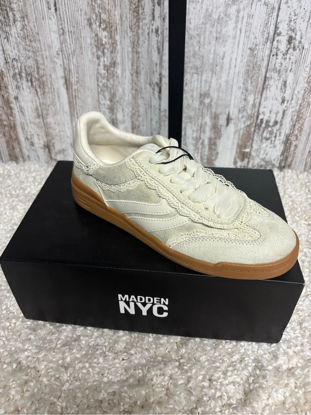 Madden NYC Women’s Cream Lace-Trim Sneaker with Gum Sole